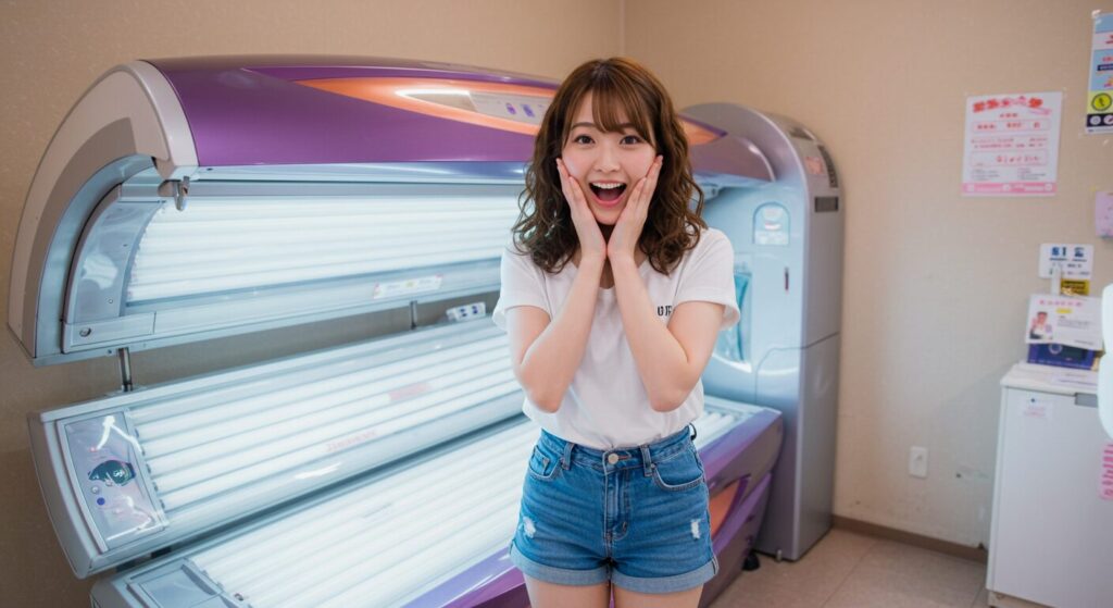 タンニングマシンの前で興奮する若い日本人女性