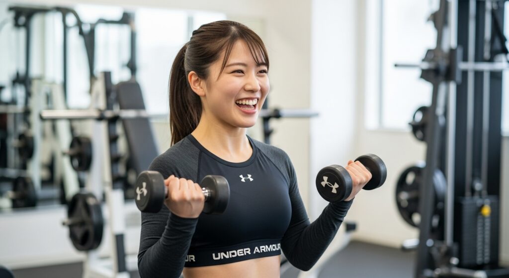 スポーツウェアを着てジムで運動する若い日本人女性