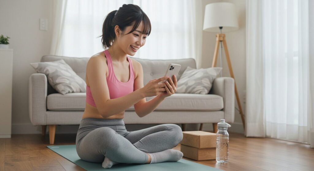 自宅でLEAN BODYフィットネスアプリを使って運動する若い日本人女性