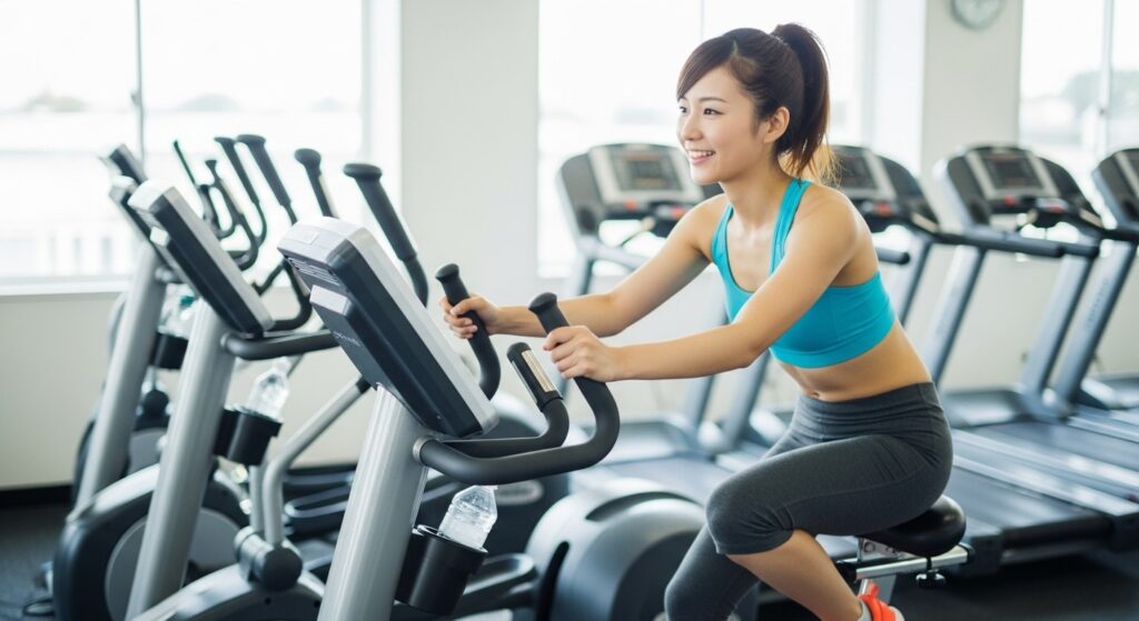 ジムでエアロバイクを使用する若い日本人女性