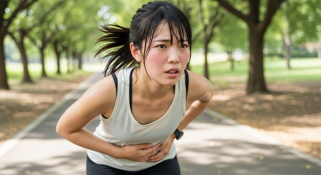 夏の屋外運動中にスタミナ切れでエネルギーが枯渇し、激しく息をする若い日本人女性