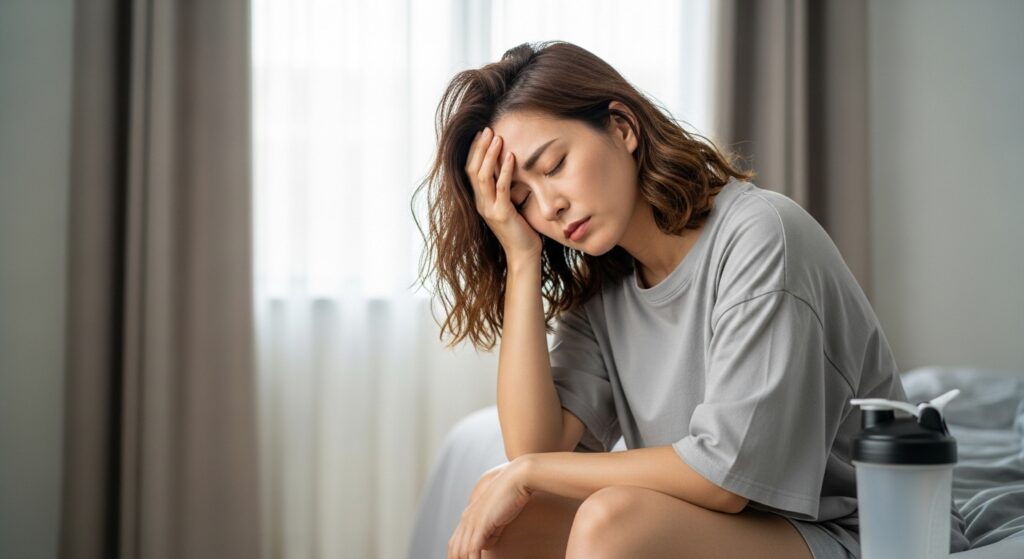 プロテインシェイカーのそばでベッドに座り頭痛と疲労を感じている若い日本人女性