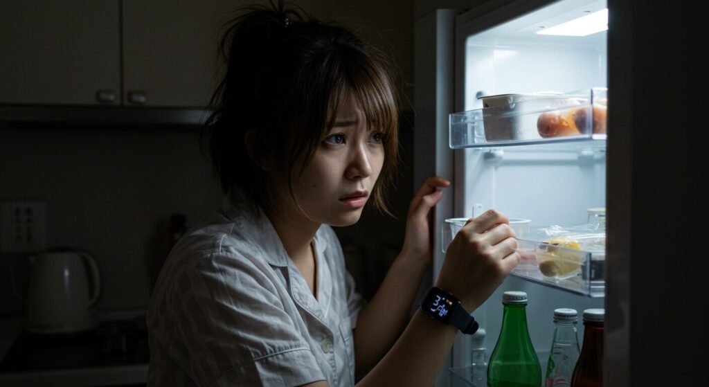 深夜3時に冷蔵庫を見つめるホルモンバランスの乱れを経験している若い日本人女性