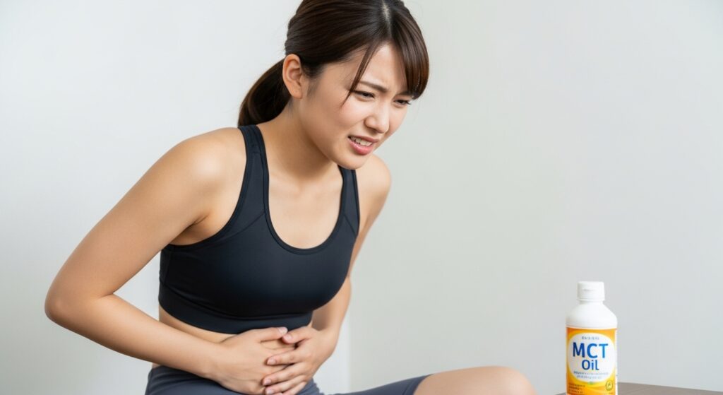 MCTオイルのボトルが写った胃腸の不調を感じる日本人女性