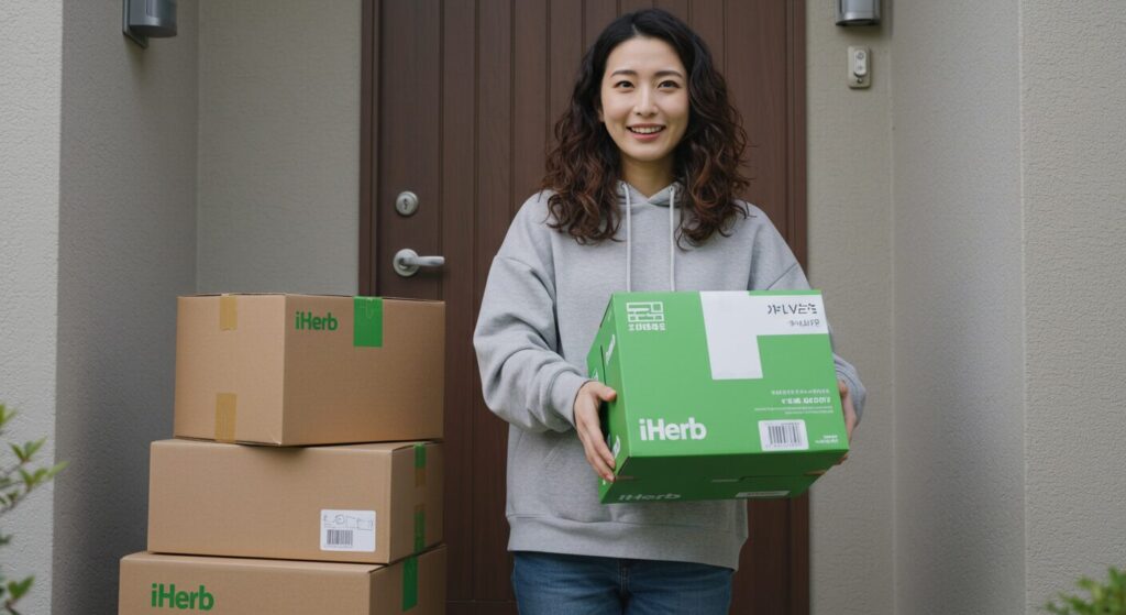 iHerbの配送パッケージを嬉しそうに受け取る若い日本人女性