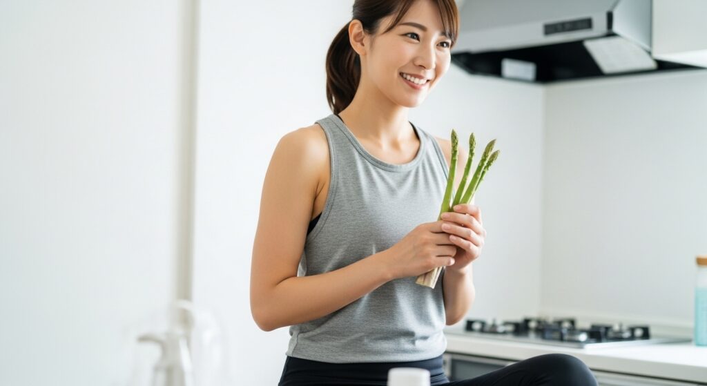 トレーニング後にキッチンでアスパラガスを持つ若い日本人女性
