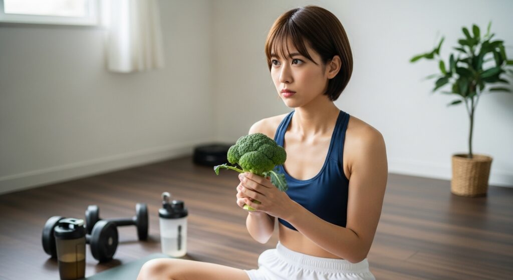 ホームジムでトレーニング後にブロッコリーを持つ若い日本人女性