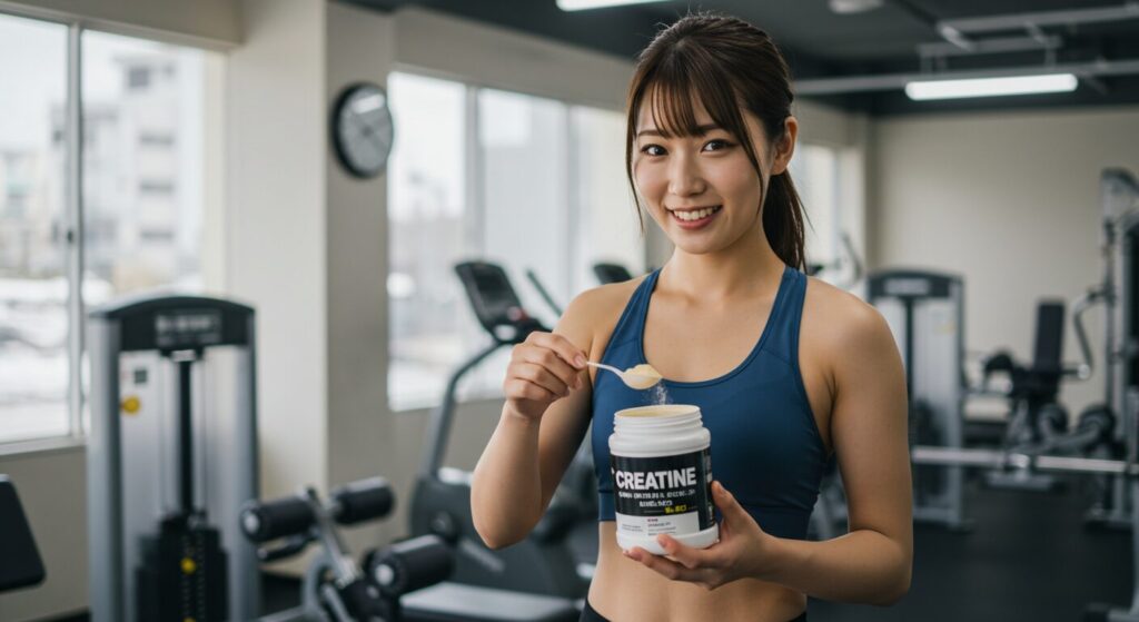 ジムでクレアチンサプリメントのパウダーを持つ若い日本人女性