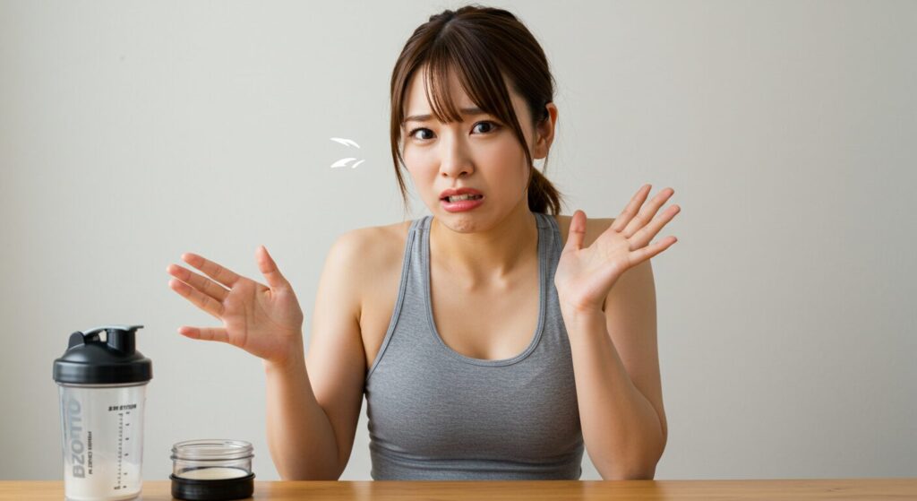 ジムウェアを着た若い日本人女性が、プロテインを飲んだ後の強烈なおならの臭いに大きく反応している