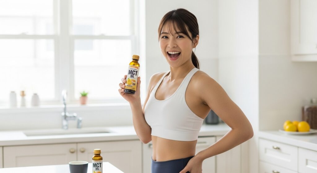 スポーツウェアを着てキッチンでMCTオイルを持って明るく笑顔を見せる若い日本人女性