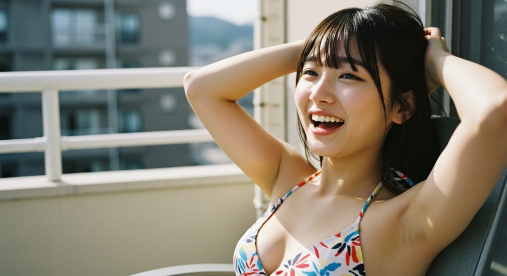 バルコニーで水着で日光浴を楽しむ笑顔の日本人女性