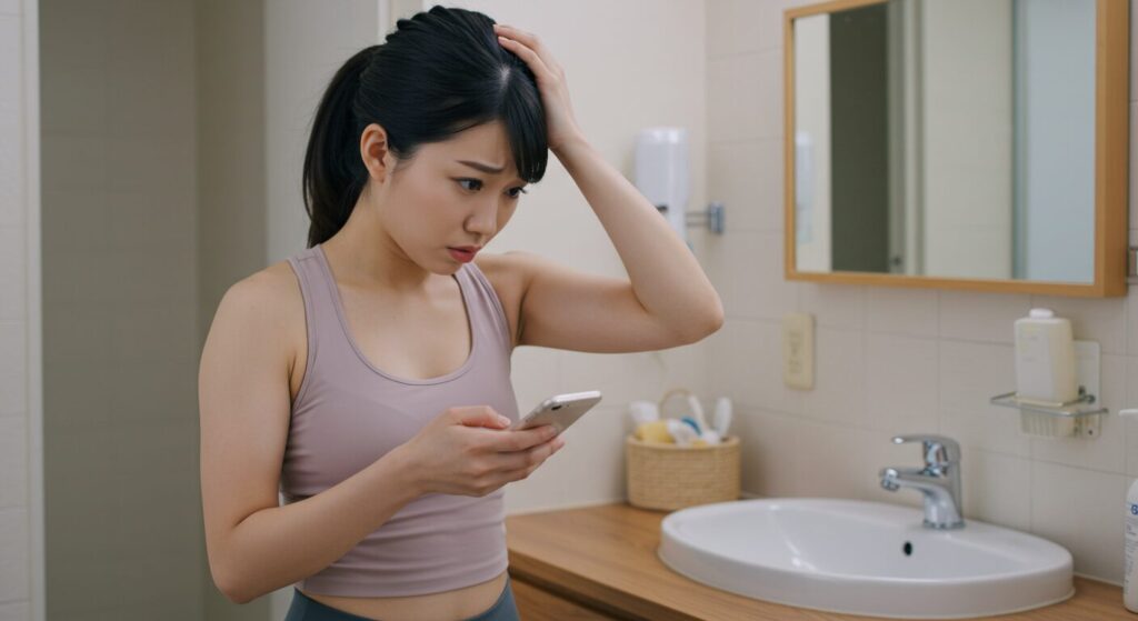 体重計の数値に困惑する若い日本人女性