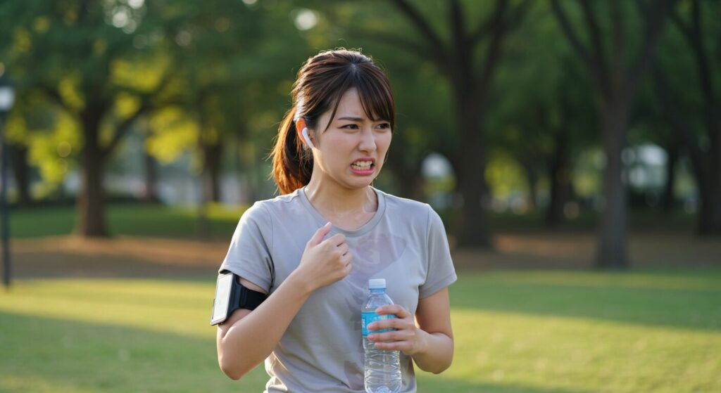 早朝の公園でトレーニングに励む決意の表情の若い日本人女性。