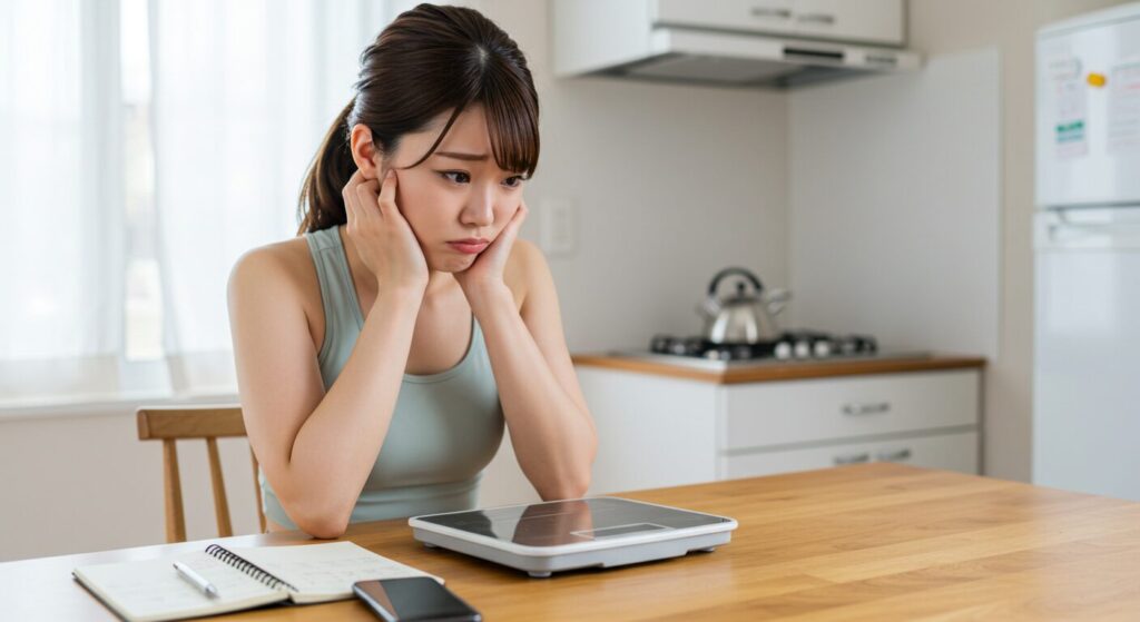 ダイエット停滞期に体重計を見て落胆する若い日本人女性