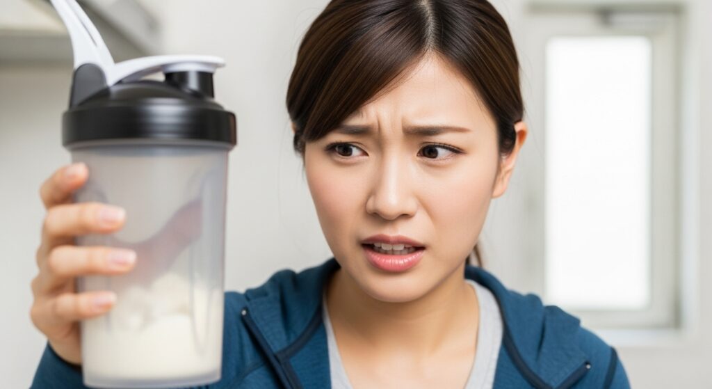 プロテインの溶け残りに困っている若い日本人女性