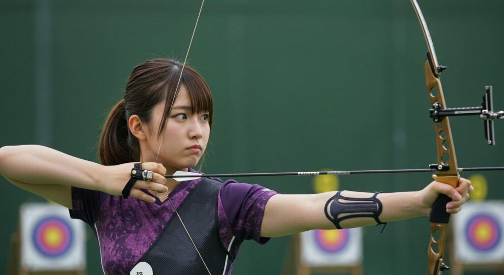 集中した表情でアーチェリーを練習する若い日本人女性