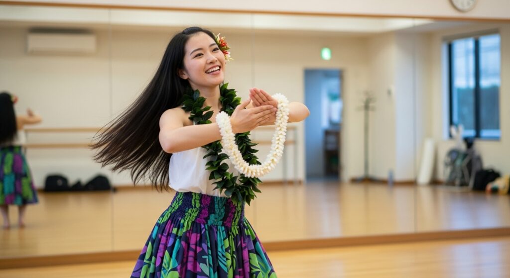 スタジオでフラダンスを練習する若い日本人女性