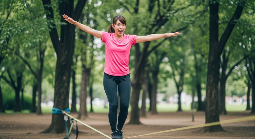 公園でスラックラインを練習する若い日本人女性