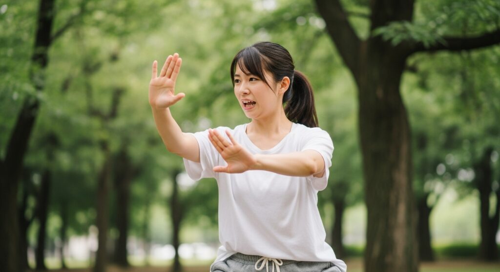 公園で太極拳を練習する若い日本人女性