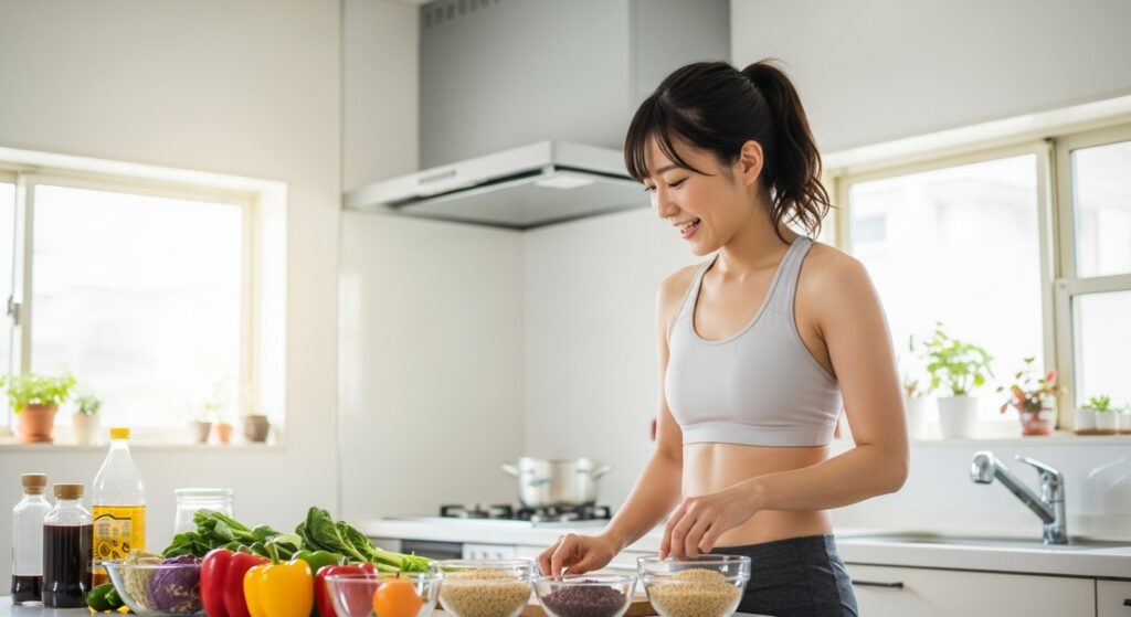 キッチンで健康的な食事を準備する若い日本人女性