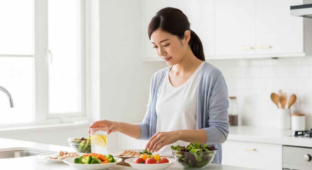 キッチンでチートデイ翌日の回復食事を準備する若い日本人女性