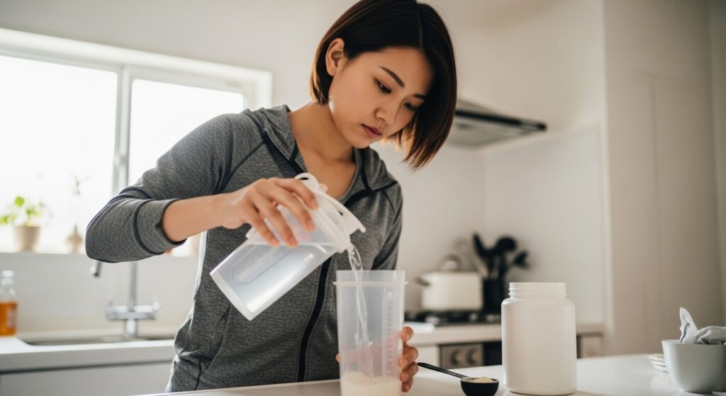 キッチンでプロテインシェイクを正しく準備する若い日本人女性