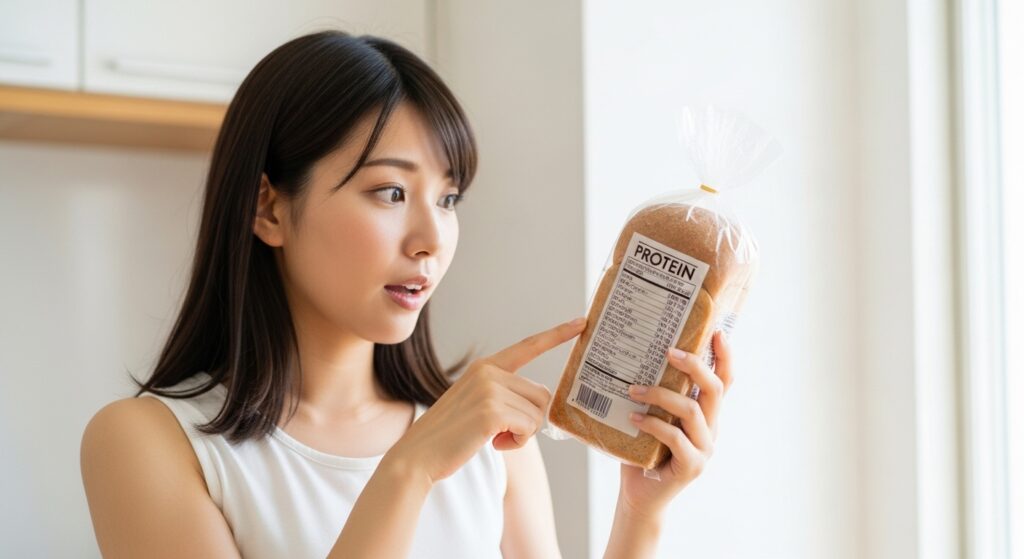 ブランパンのタンパク質含有量を確認する若い日本人女性