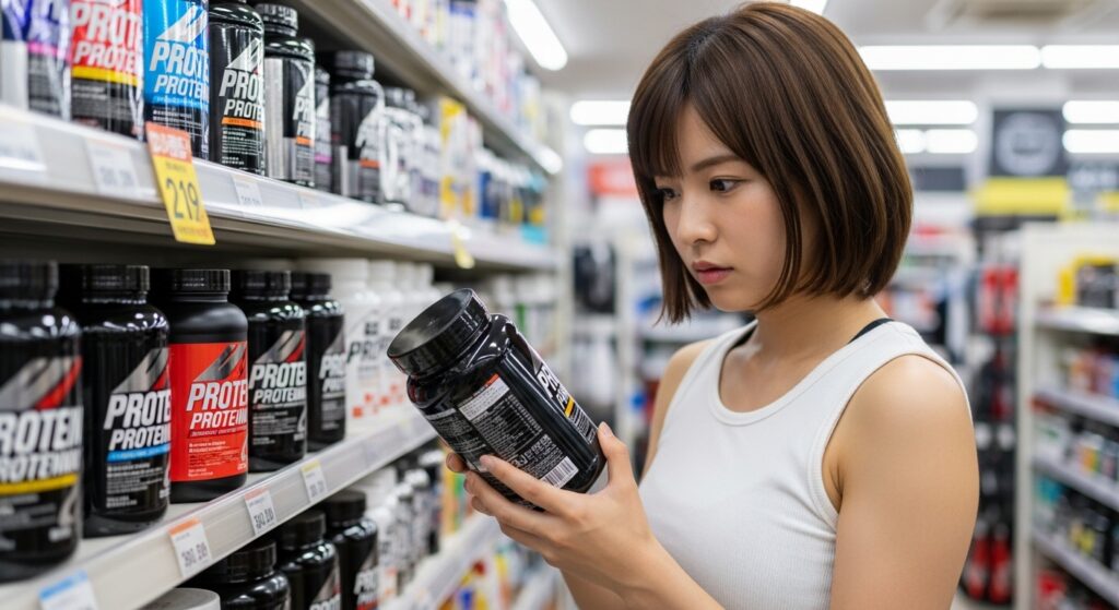 スポーツ店でプロテインサプリメントのラベルを読む若い日本人女性