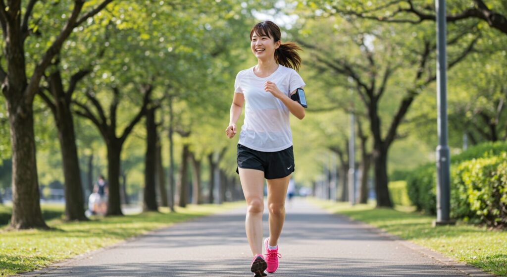 公園でランニングする若い日本人女性