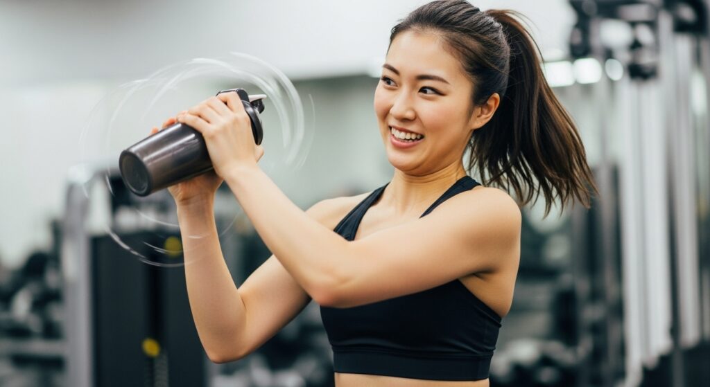 ジムでプロテインドリンクを振る若い日本人女性