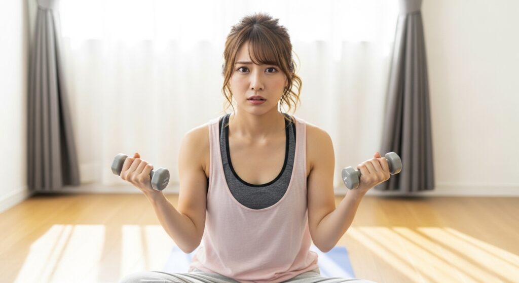 ヨガマットの上でダンベルを持ち、フィットネスに対するモチベーションの葛藤を表現する日本人女性