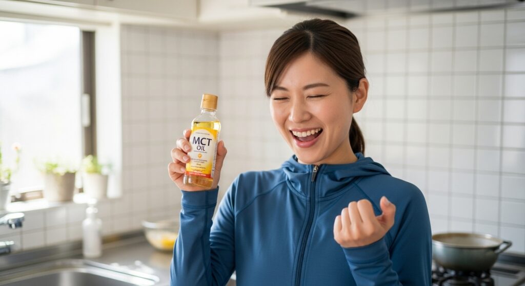 キッチンでMCTオイルを持って喜ぶ若い日本人女性
