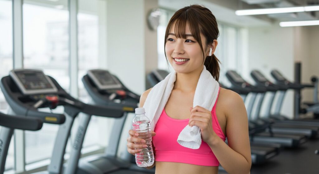 ジムでワークアウト後に笑顔の若い日本人女性