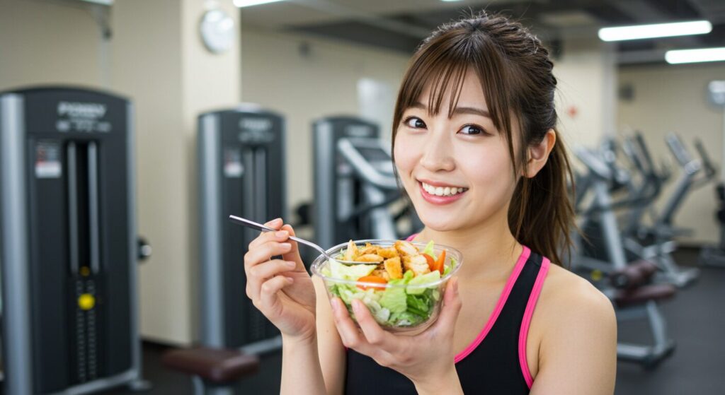 ジムでのトレーニング後にサラダチキンを持って微笑む若い日本人女性