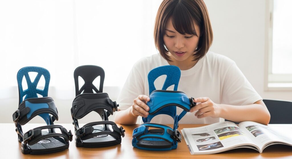 様々なタイプのスノーボードビンディングを研究する若い日本人女性