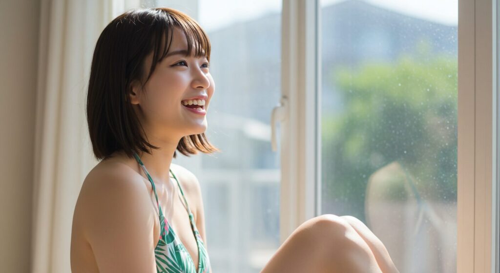窓際で日光浴を楽しむ笑顔の日本人女性