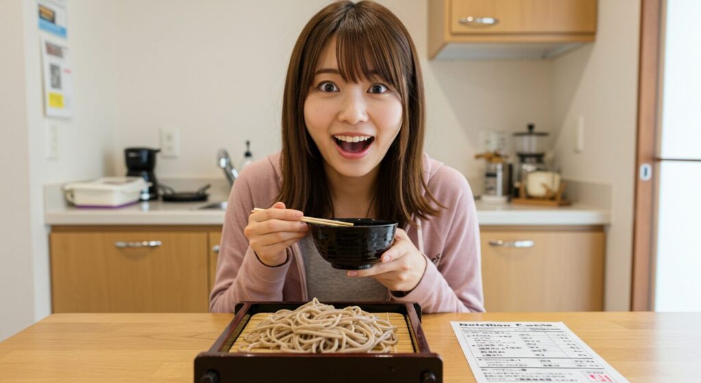 蕎麦の栄養価に驚く若い日本人女性