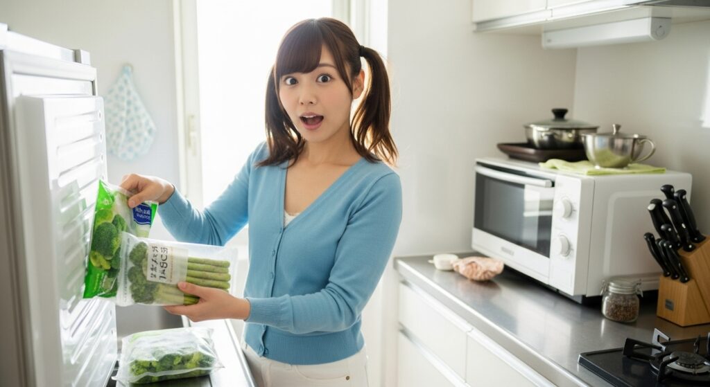 キッチンで冷凍庫から冷凍野菜を取り出す若い日本人女性