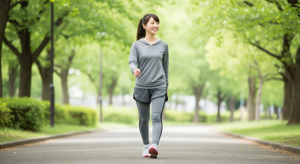 スポーツウェアを着て公園を歩く若い日本人女性