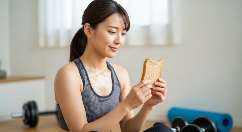 筋トレ後にブランパンを手にする若い日本人女性