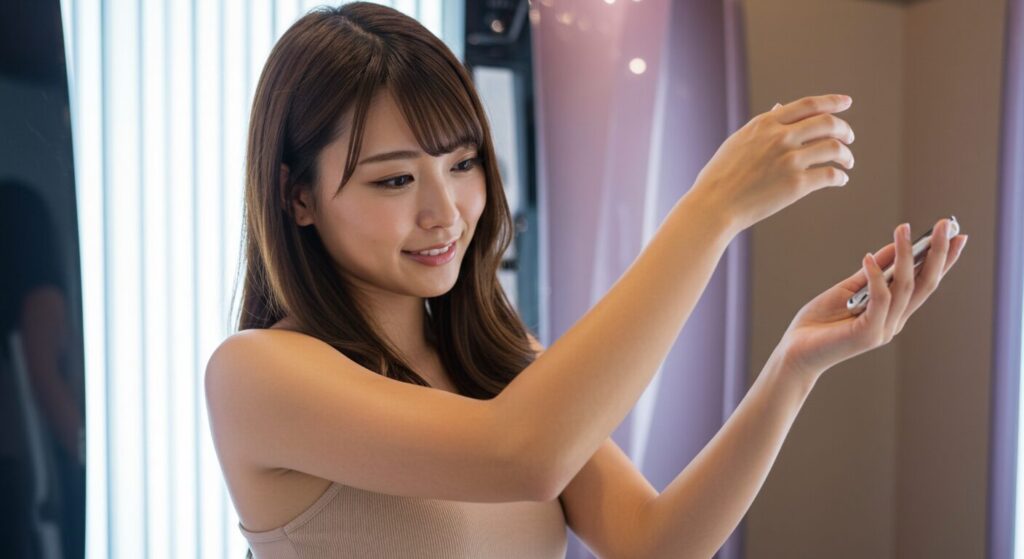 日焼けサロンで濃い小麦色の肌を見せる若い日本人女性