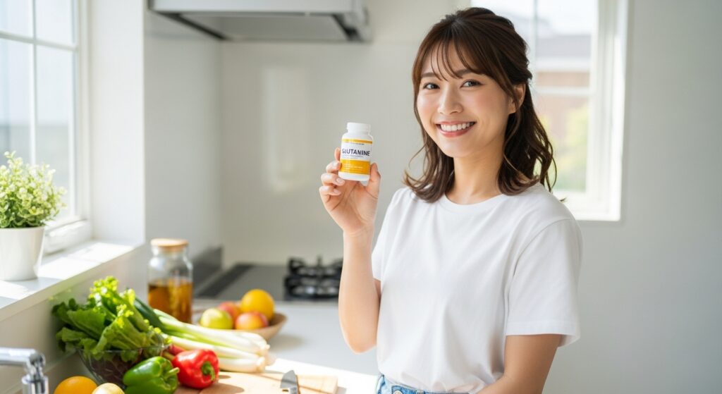 明るいキッチンでグルタミンサプリメントを持つ若い日本人女性