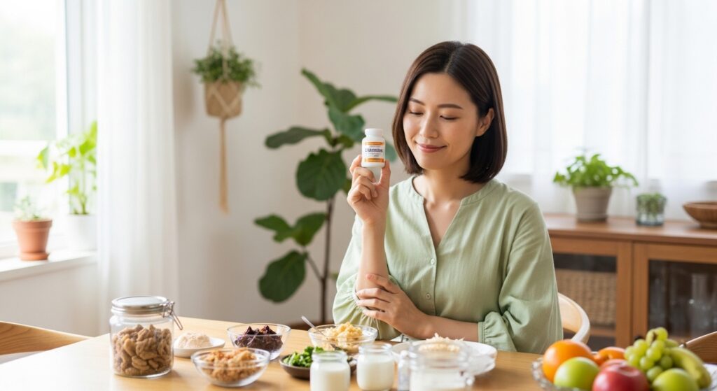 健康的なダイニング環境でグルタミンサプリメントを持つ若い日本人女性