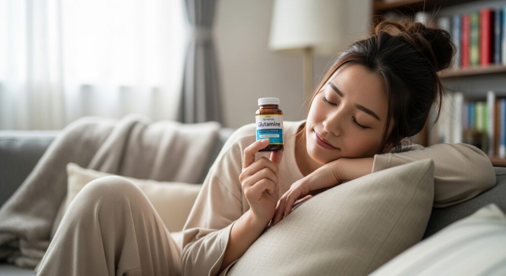 ソファでリラックスしながらグルタミンサプリメントを持つ若い日本人女性