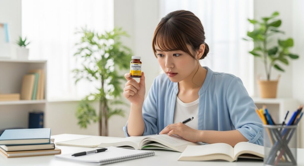 勉強に集中しながらグルタミンサプリメントを持つ若い日本人女性