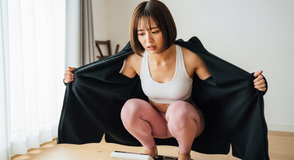 トレーニング後に黒いサウナスーツを開けた日本人女性が体組成計にしゃがんで困惑している様子