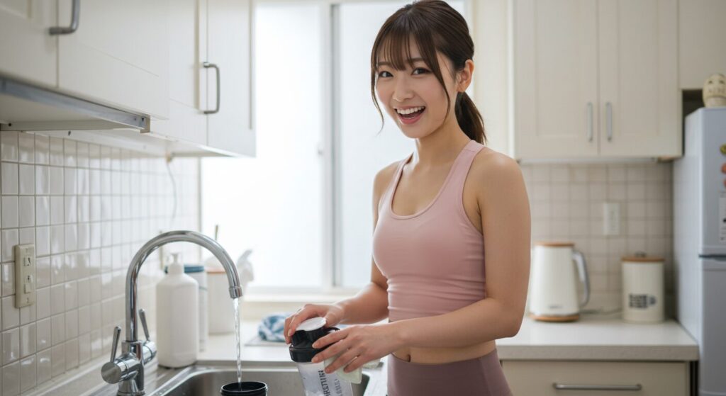 キッチンシンクでプロテインシェイカーを洗浄する若い女性