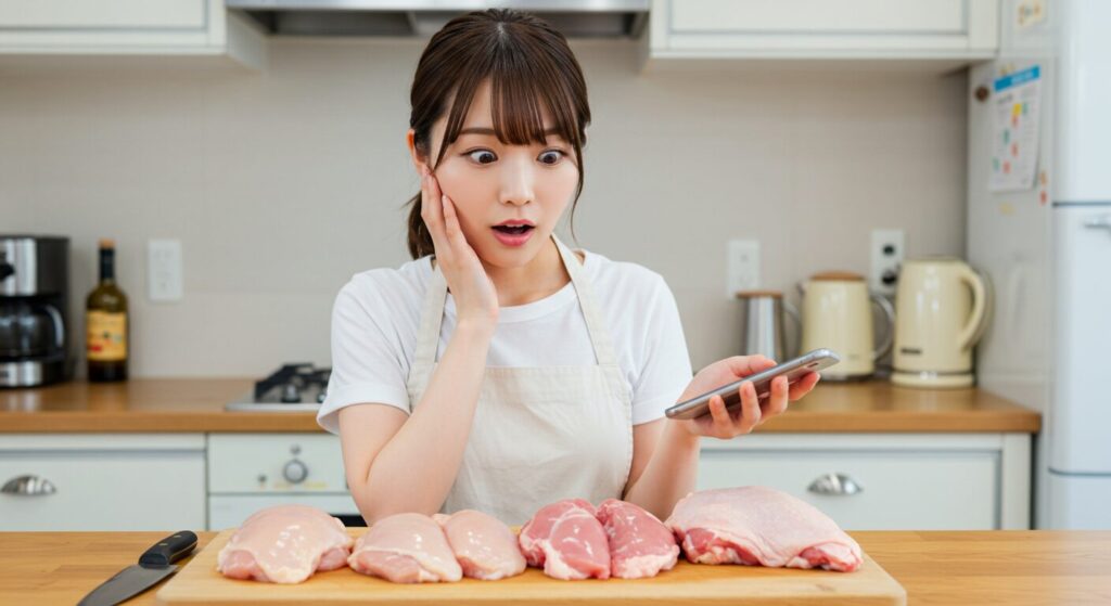 キッチンで鶏肉の部位を比較する若い女性