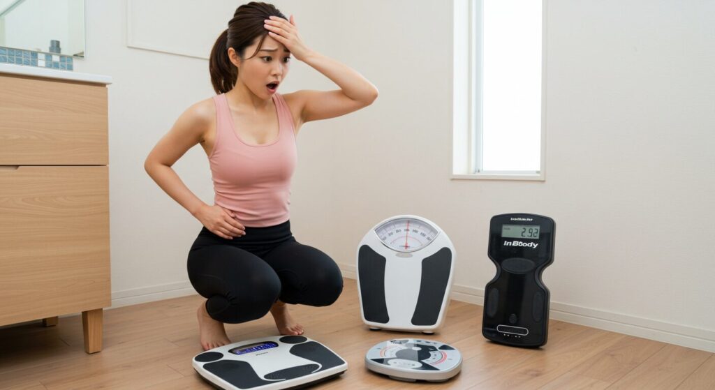 驚いた表情で異なるタイプの体重計と体組成計を比較している若い女性