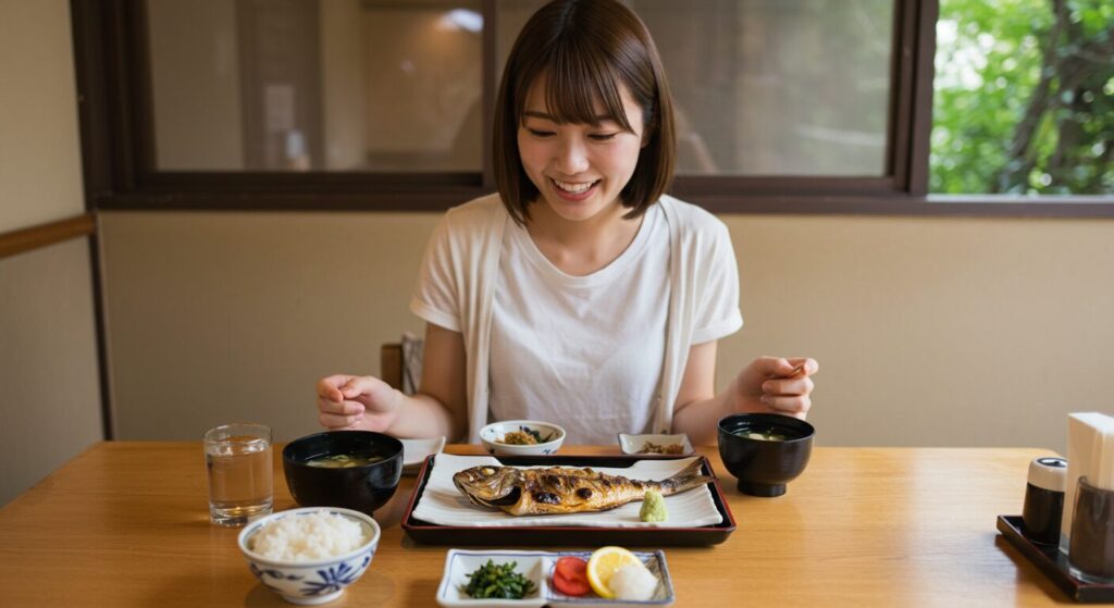定食屋で焼き魚定食を楽しむ若い女性